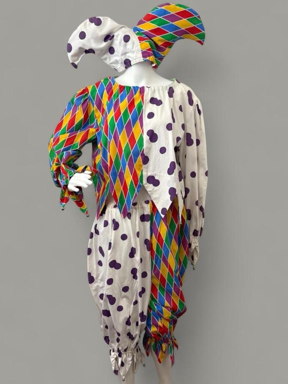 Vintage Handmade Multicolor Harlequin & Purple Polka Dot Jester Costume